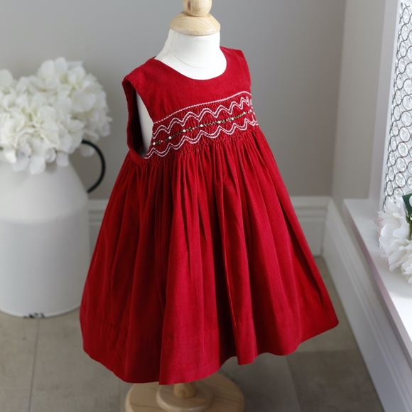 Red Smocked Dress Cotton Corduroy Embroidery Sleeveless 18 Months PERFECT - Picture 3 of 5